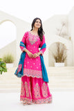 Rani Pink Embroidered Kurta Sharara Set with Heavy Gold Work