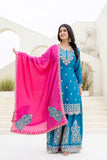 Dual Tone Teal & Pink Ethnic Set with Heavy Embroidery