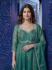 Emerald Green Anarkali Suit with Sheer Dupatta & Elegant