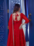 Royal Red Anarkali Suit with Stylish Back Tie Design & Sheer Dupatta
