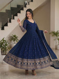 Royal Navy Blue Anarkali Gown with Heavy Gold Border & Dupatta