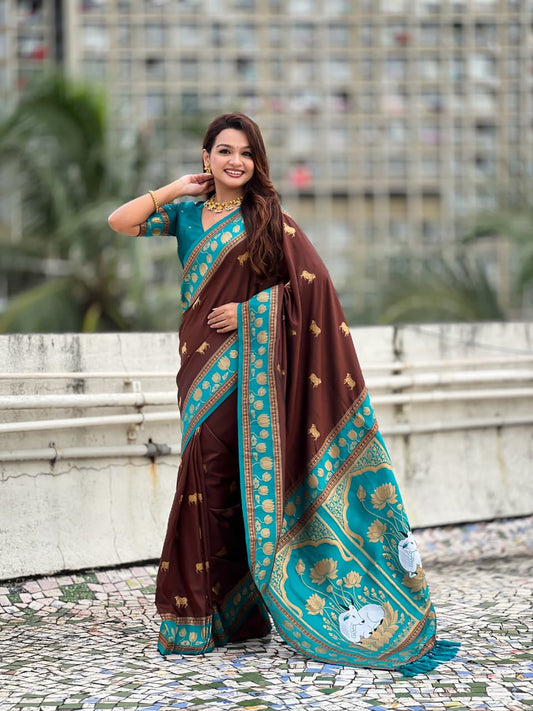 brown-pichwai-silk-saree-with-teal-blue-zari-border