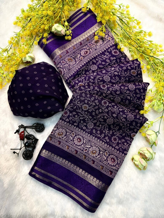 Deep purple woven saree with intricate floral ethnic patterns