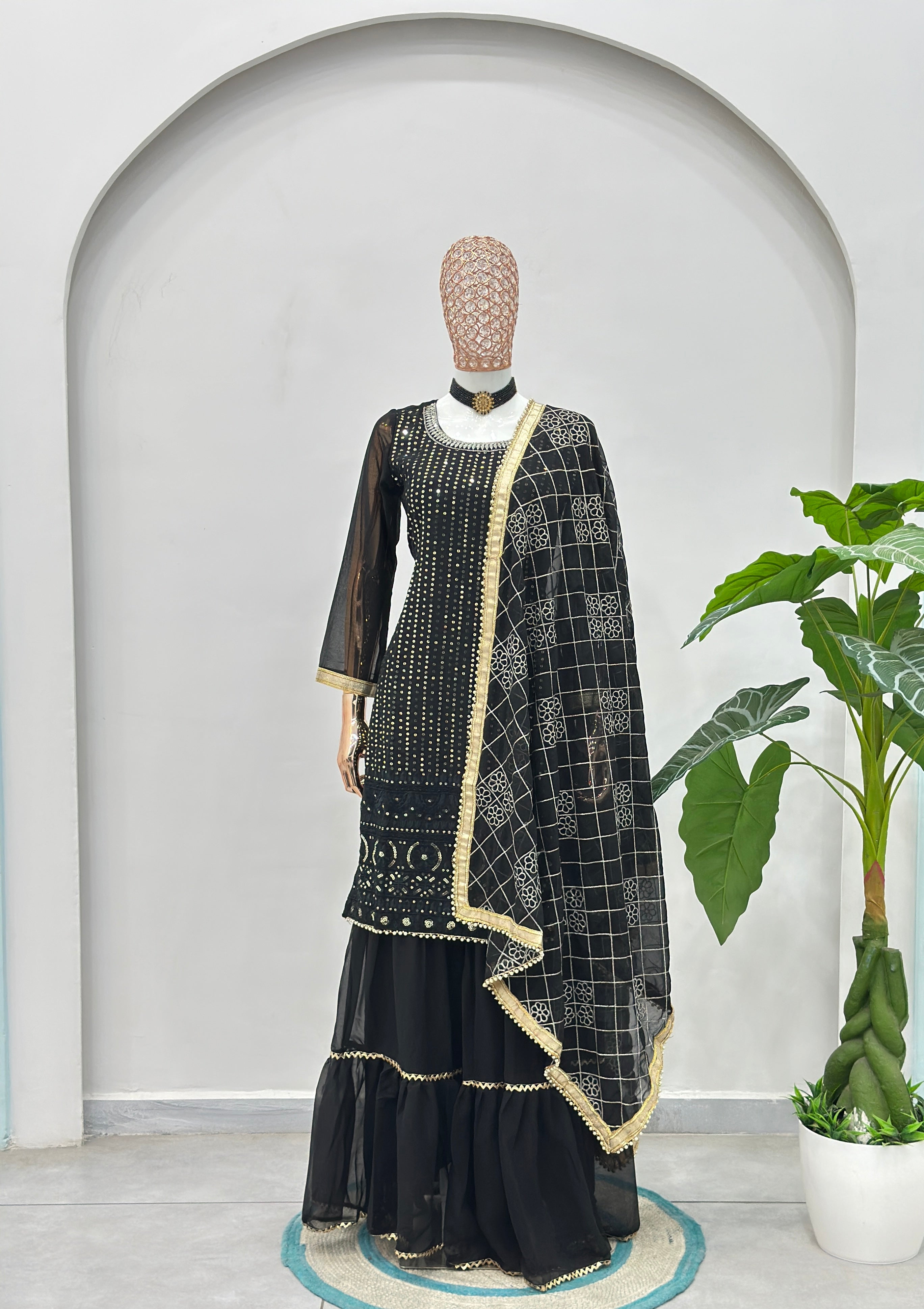 Elegant black embroidered sharara suit for women with dupatta