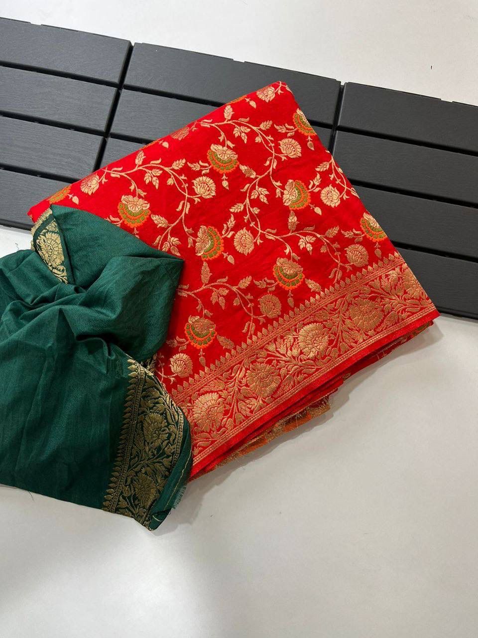 Exclusive traditional red khadi georgette saree with a rich gold border collection from Saree Sargam Studio
