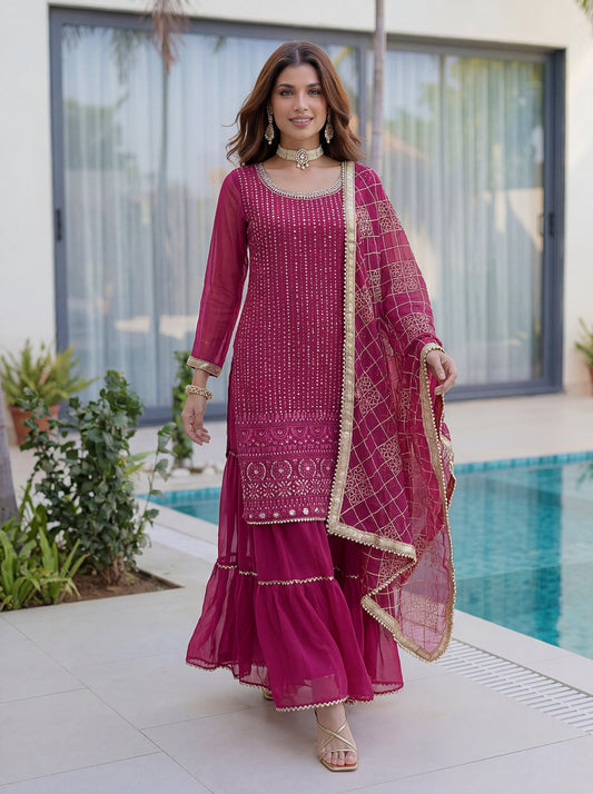 Elegant pink kurta sharara set with embroidered dupatta for women