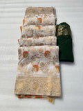 Folded off-white khadi georgette silk saree displaying golden zari floral weaving and border details