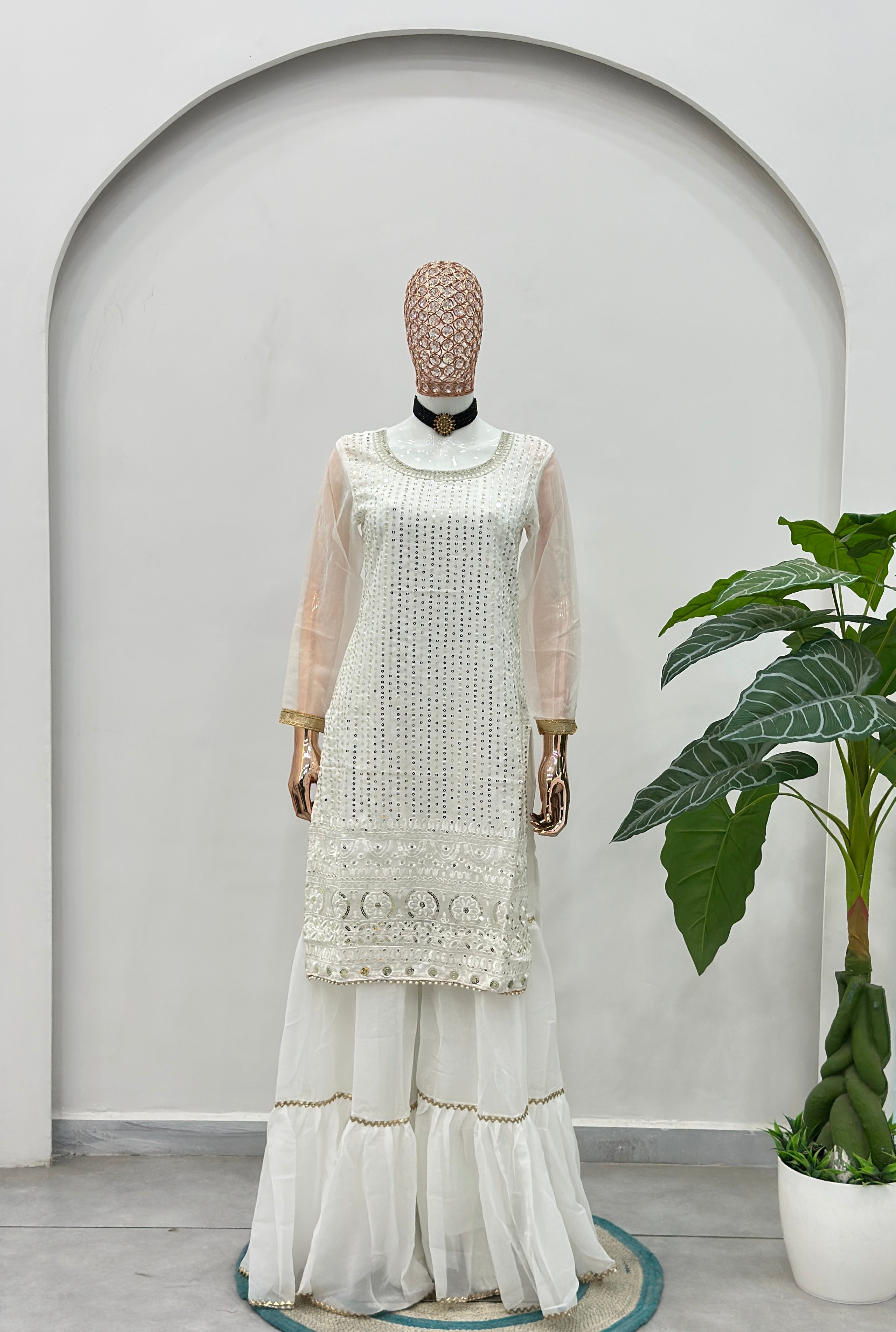 Designer white ethnic outfit with sharara pants and embroidery work