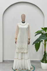 Designer white ethnic outfit with sharara pants and embroidery work