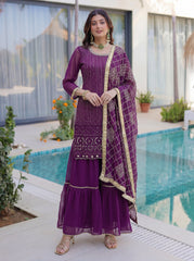 Purple embroidered sharara suit set for women with dupatta, festive and wedding ethnic wear