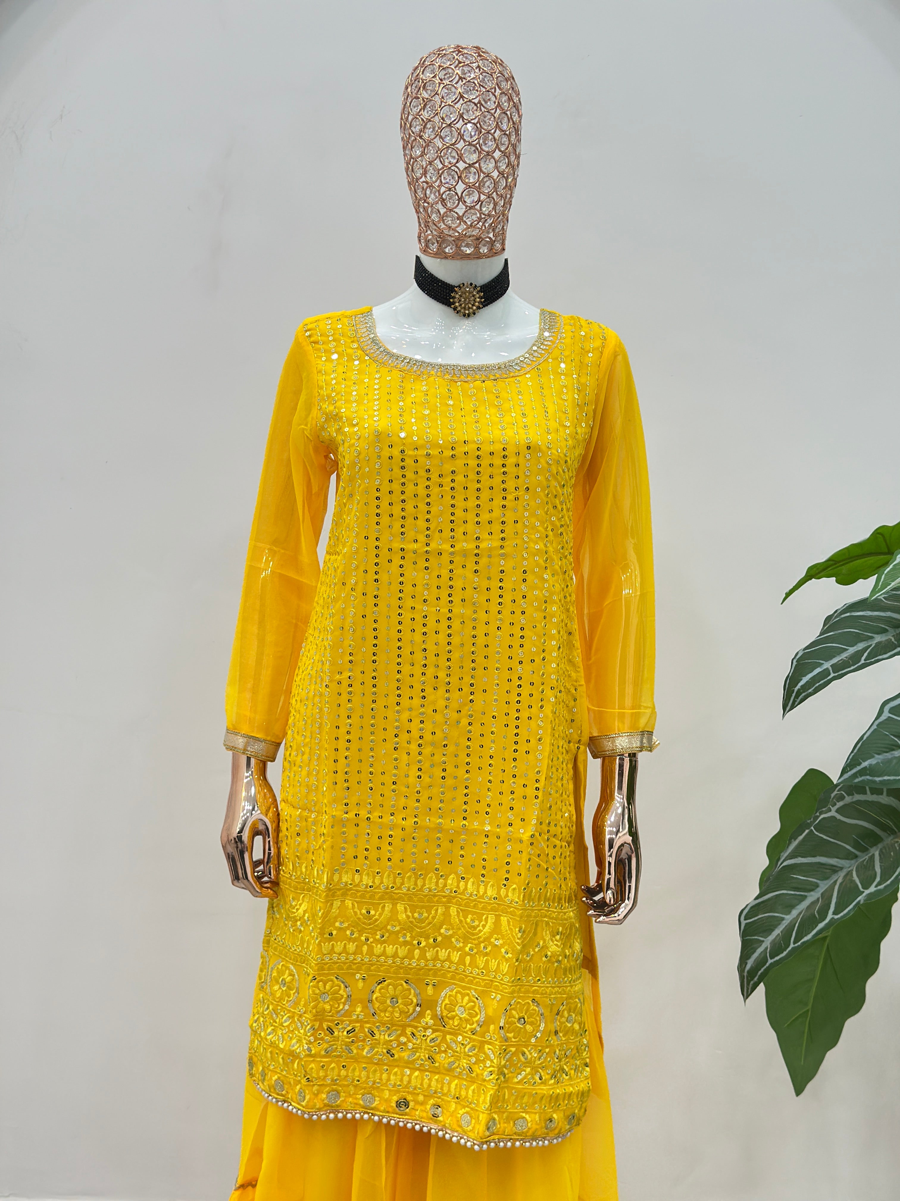 Modern yellow ethnic wear outfit for women with embroidered dupatta