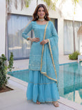 Designer sky blue Pakistani style sharara suit for party wear