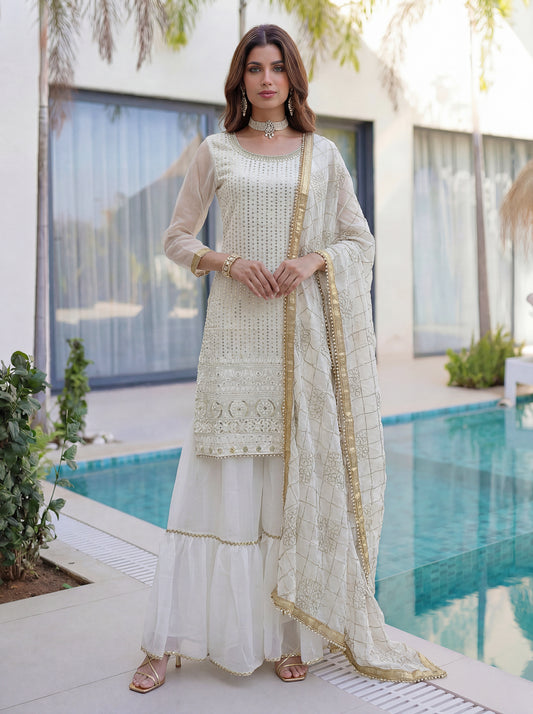 White embroidered sharara set for women with elegant dupatta