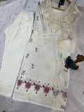 Elegant White Embroidered Kurta Set with Floral Detailing & Sheer Dupatta