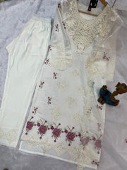 Elegant White Embroidered Kurta Set with Floral Detailing & Sheer Dupatta