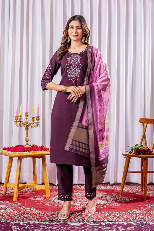 Wine Purple Embroidered Kurta Pant Set with Floral Organza Dupatta