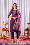 Wine Purple Embroidered Kurta Pant Set with Floral Organza Dupatta