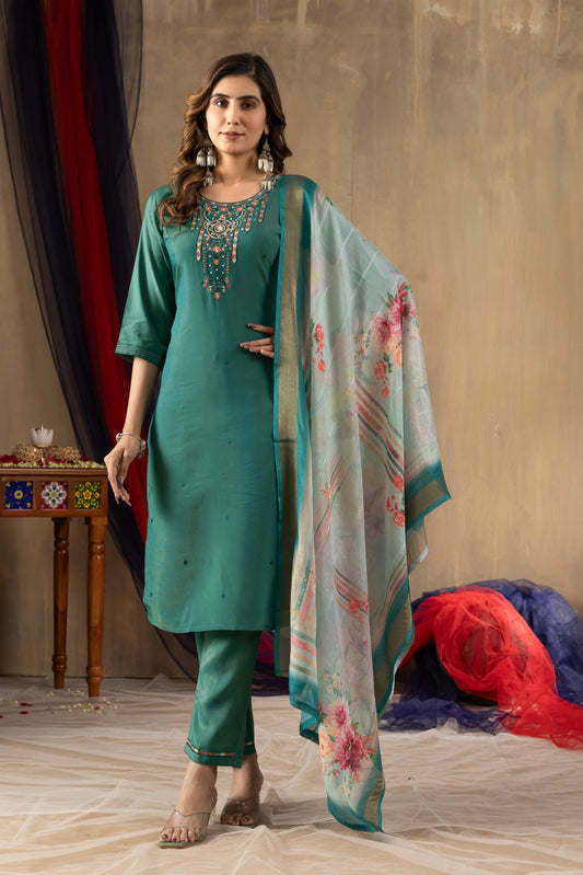 Sea Green Embroidered Kurta Pant Set with Floral Printed Dupatta