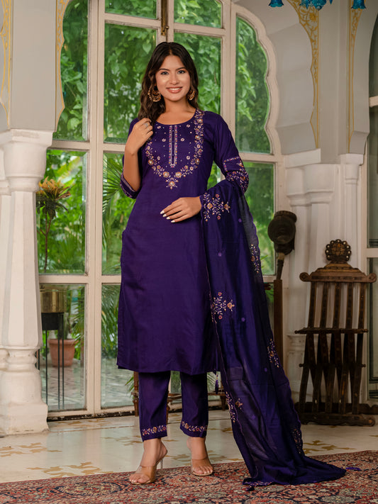 Royal Purple Embroidered Kurta Pant Set with Dupatta