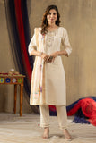 Ivory Embroidered Kurta Pant Set with Floral Printed Dupatta