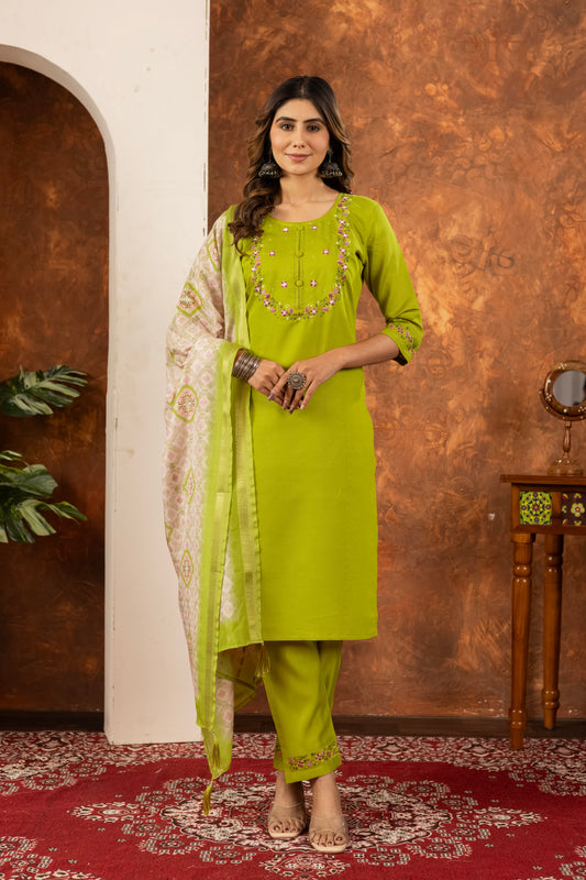Lime Green Embroidered Kurta Pant Set with Dupatta