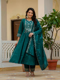 Teal Green Anarkali Kurta Set with Embroidered Dupatta