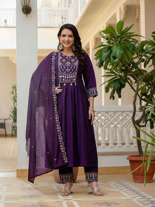 Royal Purple Anarkali Kurta Set with Embroidered Dupatta