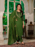 Bottle Green Embroidered Kurta Pant Set with Dupatta