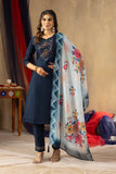 Navy Blue Embroidered Kurta Pant Set with Floral Printed Dupatta