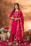 Rani Pink Embroidered Kurta Pant Set with Banarasi Dupatta
