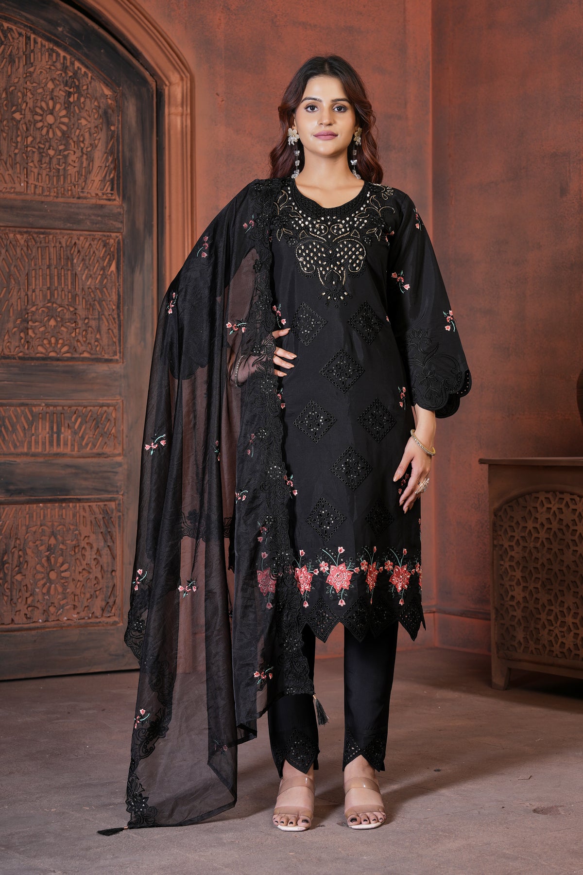 Black Embroidered Kurta Set with Floral Dupatta