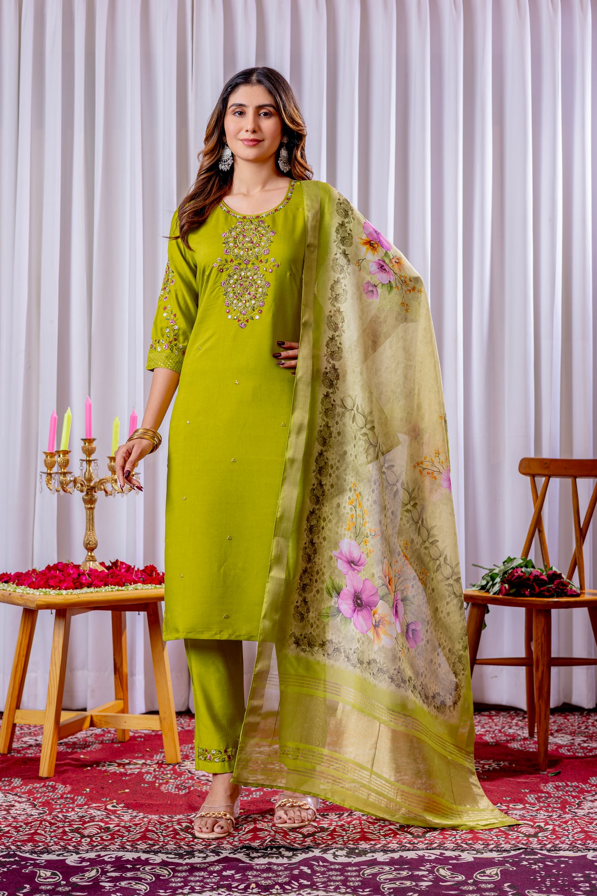 Lime Green Embroidered Kurta Pant Set with Floral Organza Dupatta