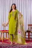 Lime Green Embroidered Kurta Pant Set with Floral Organza Dupatta