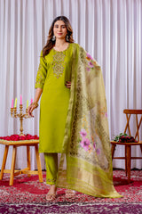 Lime Green Embroidered Kurta Pant Set with Floral Organza Dupatta