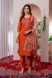 Rust Orange Embroidered Kurta Pant Set with Floral Organza Dupatta