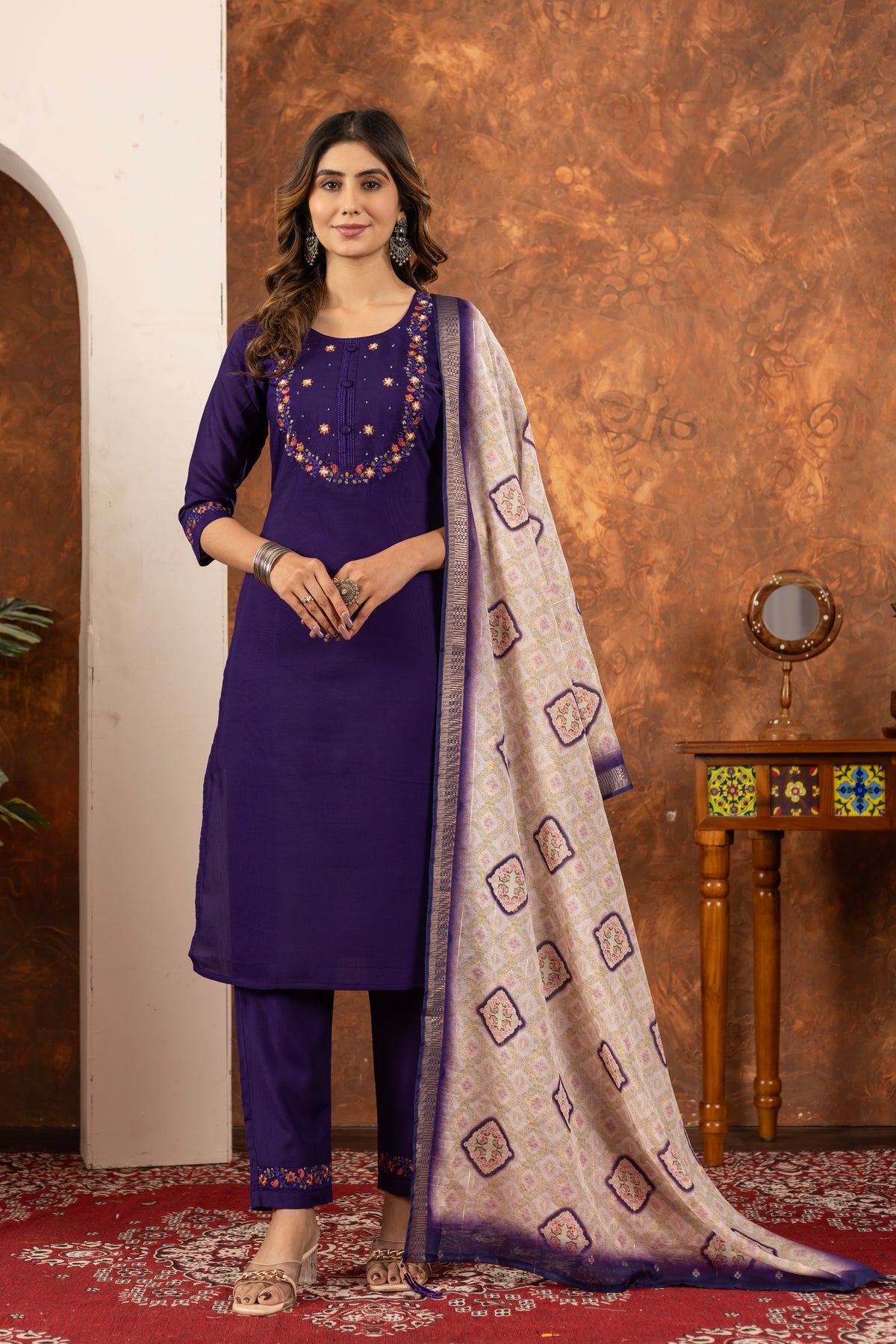 Royal Purple Embroidered Kurta Pant Set with Printed Dupatta