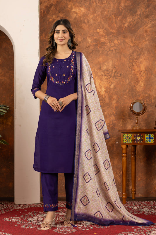 Royal Purple Embroidered Kurta Pant Set with Printed Dupatta