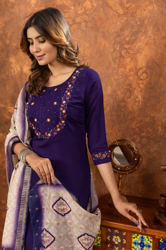 Royal Purple Embroidered Kurta Pant Set with Printed Dupatta