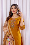 Mustard Yellow Embroidered Kurta Pant Set with Floral Organza Dupatta