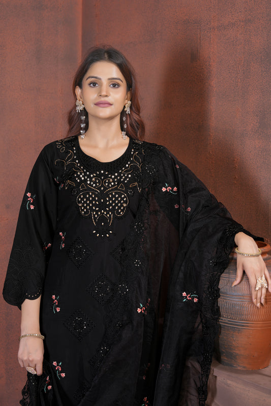 Black Embroidered Kurta Set with Floral Dupatta