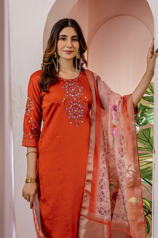 Rust Orange Embroidered Kurta Pant Set with Floral Organza Dupatta
