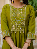 Olive Green Anarkali Kurta Set with Embroidered Dupatta
