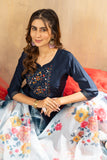 Navy Blue Embroidered Kurta Pant Set with Floral Printed Dupatta