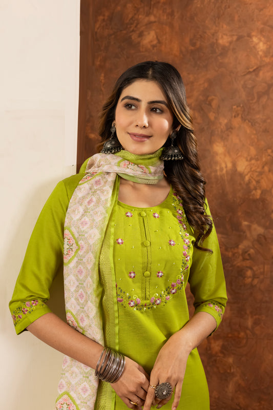 Lime Green Embroidered Kurta Pant Set with Dupatta