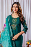 Emerald Green Embroidered Kurta Pant Set with Floral Organza Dupatta