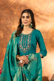 Teal Green Embroidered Kurta Pant Set with Banarasi Dupatta