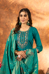 Teal Green Embroidered Kurta Pant Set with Banarasi Dupatta