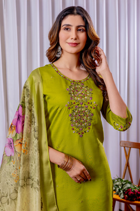 Lime Green Embroidered Kurta Pant Set with Floral Organza Dupatta