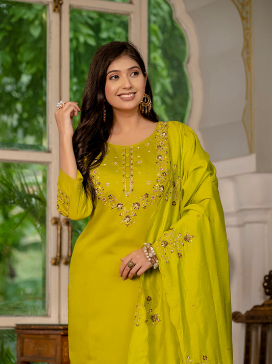 Lime Yellow Embroidered Kurta Pant Set with Dupatta
