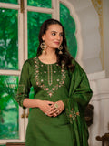 Bottle Green Embroidered Kurta Pant Set with Dupatta
